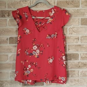 Red Floral Blouse Flutter Sleeves